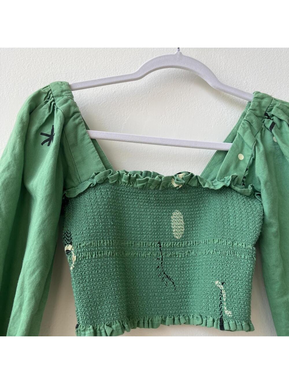 Designer Capulet Green Cotton-Linen blend Smocked Crop Top, Long Sleeves, xs